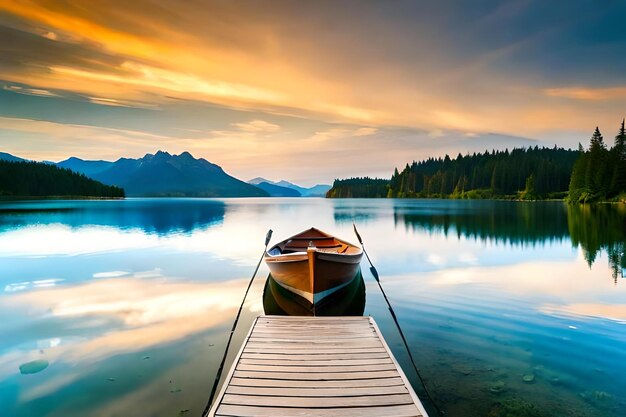 A boat on a dock with a beautiful lake and mountains in the background