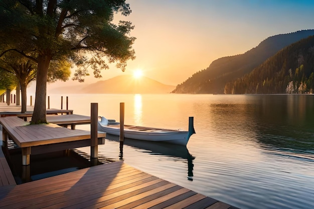 A boat dock with a beautiful sunrise on the water