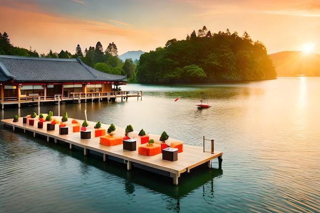 A boat dock with a boat in the water at sunset