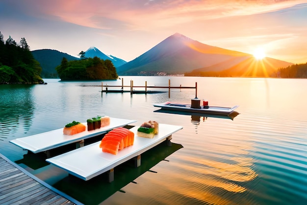 A boat on a dock with a mountain in the background