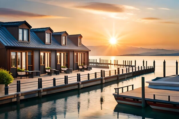 A boat dock with a sunset in the background