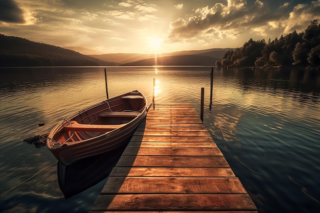 A boat on a dock with a sunset in the background