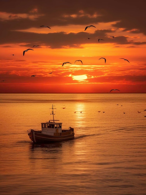 Лодка и несколько птиц в море на закате, сгенерированные ИИ