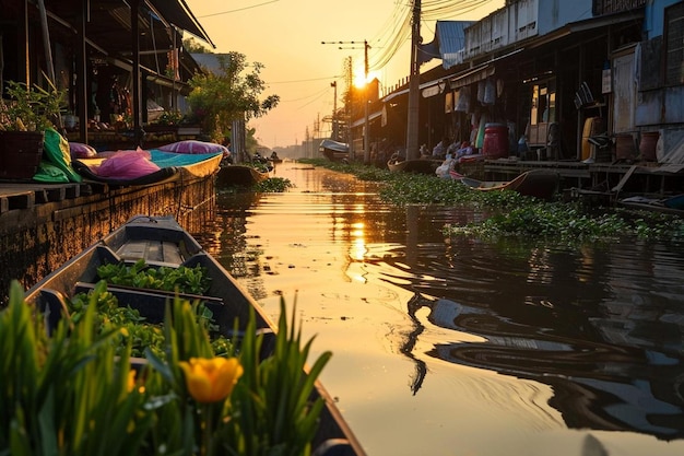 Photo a boat floating down a river next to a row of houses