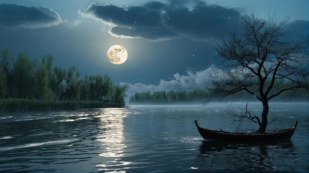 Photo boat floating on lake under full moon