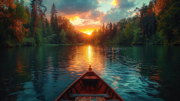 Фото Лодка плывет по озеру возле леса