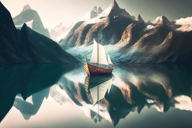 山の湖の滑らかな結晶面に浮かぶボート
