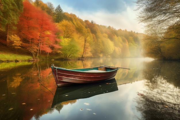 A boat floating on top of a lake next to a forest generative AI