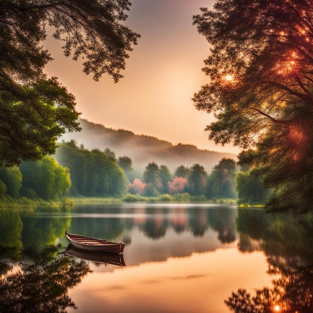 A boat floating on water in a forest