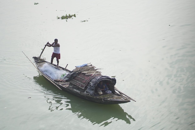 Boat floating in water top angle shot