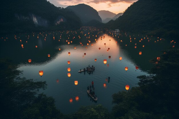 A boat floating in the water with a bunch of lanterns floating in the water