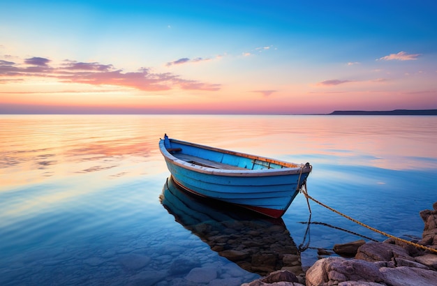 Boat floats on the calm waters landscape sunset on the sea journey of mediterranean