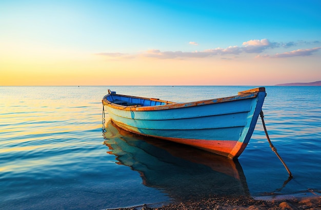 boat floats on the calm waters landscape sunset on the Sea journey of Mediterranean