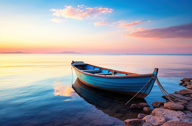 boat floats on the calm waters landscape sunset on the Sea journey of Mediterranean