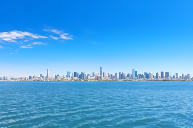 Photo boat in the foreground of a city skyline viewed from the water at dusk generative ai