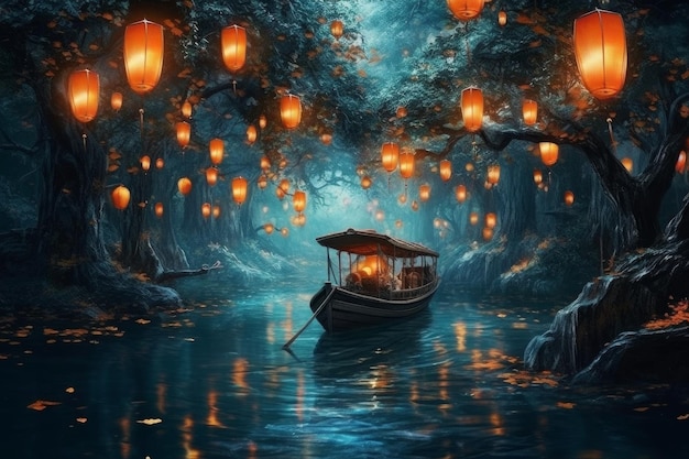 A boat in a forest with a lantern in the middle