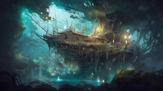 A boat in a forest with a tree and lights