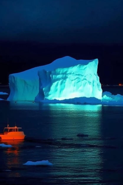 A boat in front of an iceberg with a blue light on it.