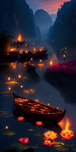 A boat full of candles in the water