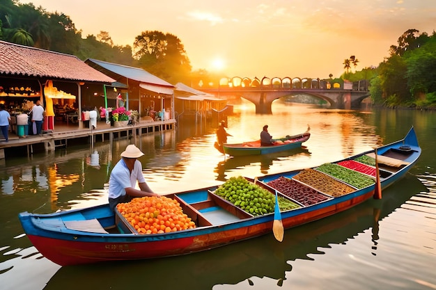 A boat full of fruit sits in a canal in hoi an.