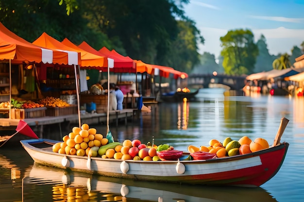 A boat full of fruits is docked in a canal with a boat in the foreground.