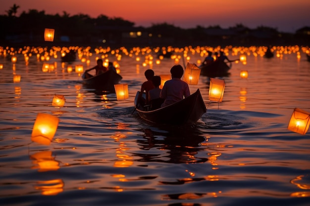 A boat full of lanterns is lit up with the sun setting behind it.