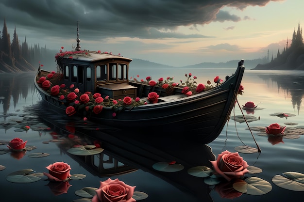 a boat full of roses floats on the water