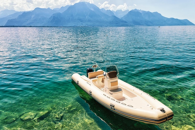 Boat on Geneva Lake in Montreux, Swiss Riviera