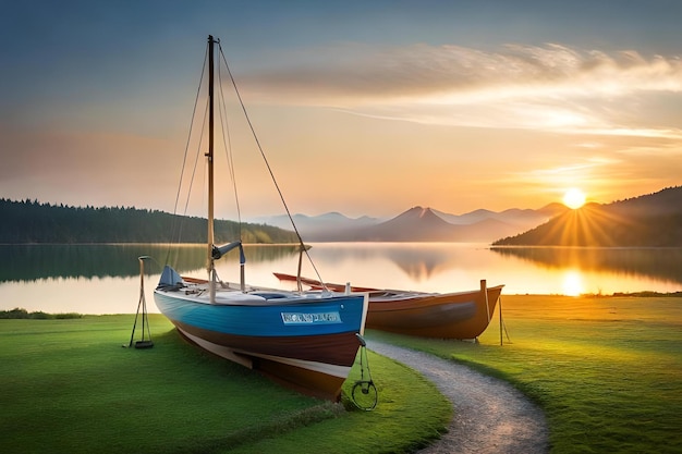 A boat on a grassy lawn with a sunset in the background.