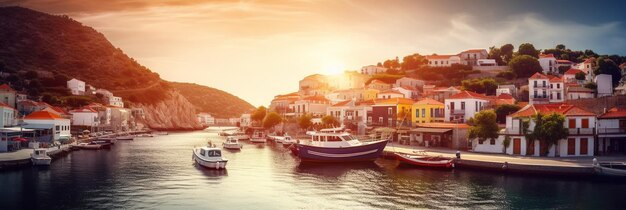 A boat in the harbor at sunset