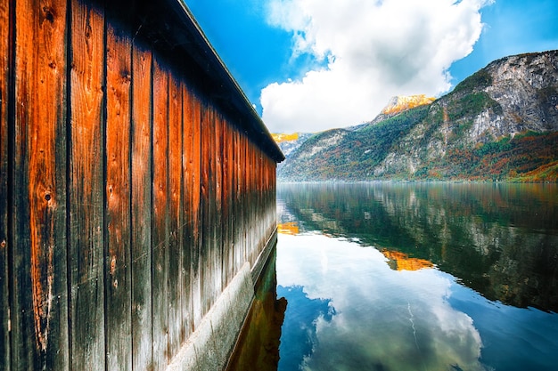 Boat house on Hallstatter lake Sunnny autumn on Hallstatt lake