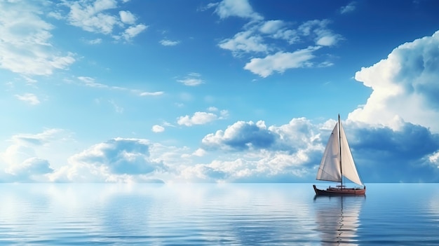 写真 雲の青い空の背景にある海のボート