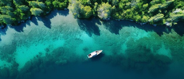 Photo a boat is anchored in the water and is surrounded by trees