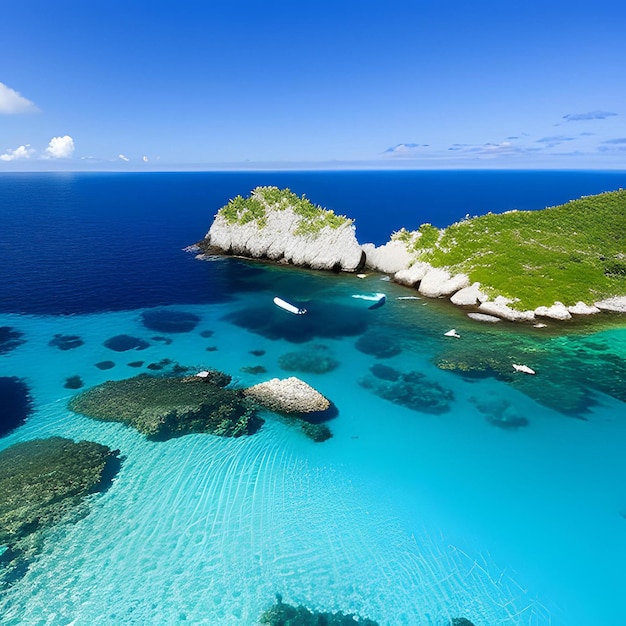 A boat is anchored in the water with a blue sky and clouds above it.