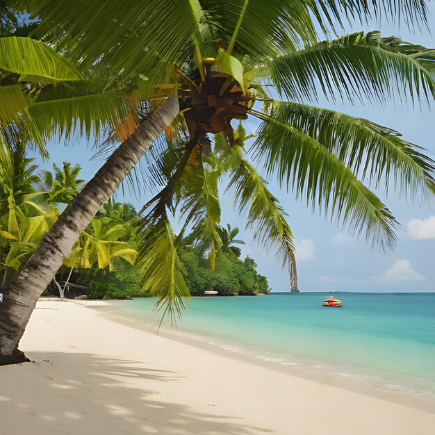 a boat is on the beach and a palm tree is in the foreground