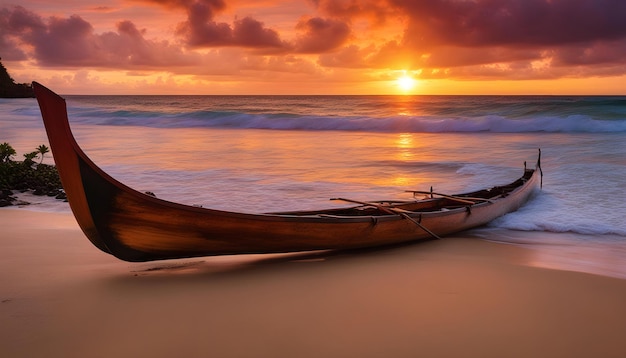 a boat is on the beach and the sun is setting