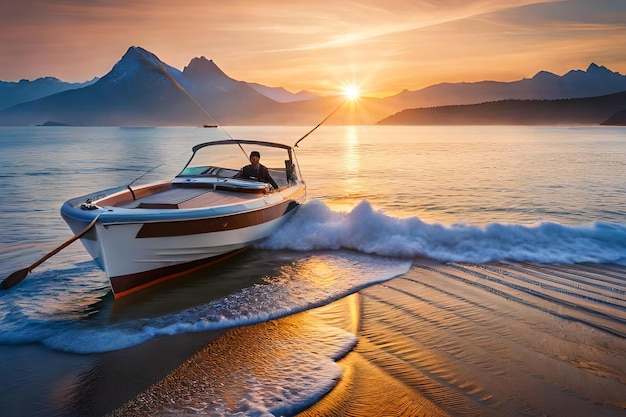 A boat is on the beach at sunset.