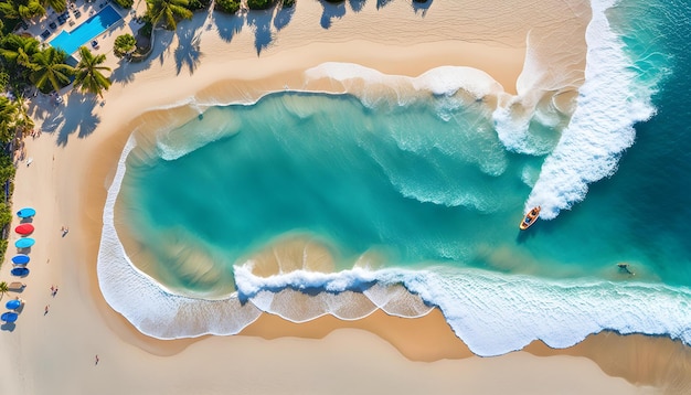 a boat is on the beach and the water is blue