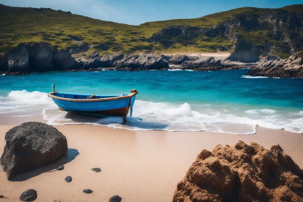 Photo a boat is on the beach and the waves are crashing on the sand