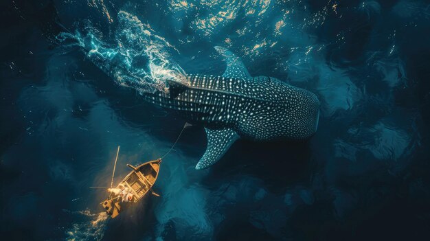 Foto una barca viene tirata da una balena nell'oceano