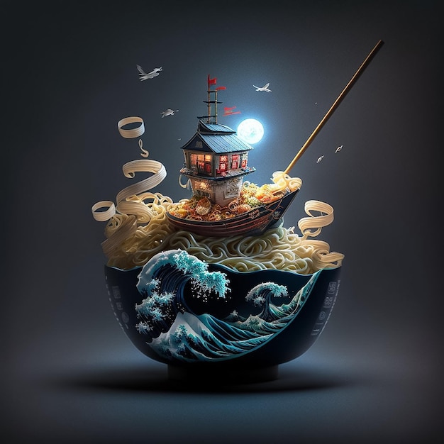 A boat is on a bowl of noodles and the word " sea " is on the bottom.