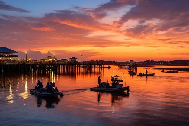 a boat is carrying people across the water at sunset