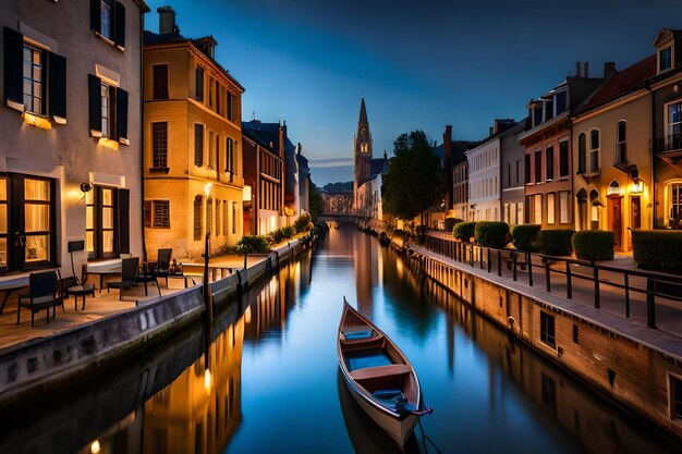 A boat is docked on a canal at night