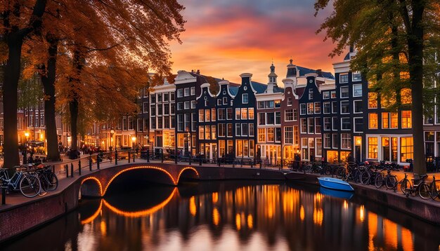 a boat is docked next to a canal with a bridge and a boat in the background