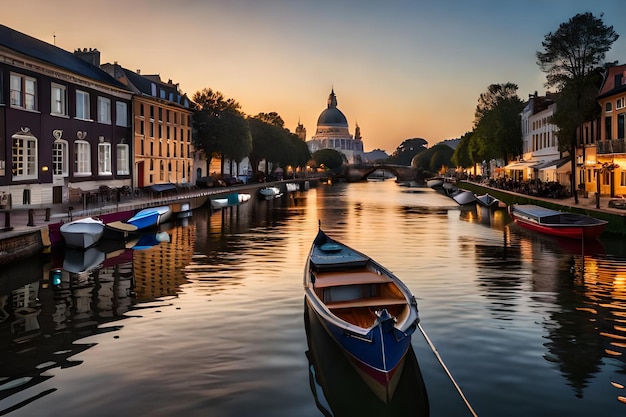 a boat is docked in a canal with a building in the background.