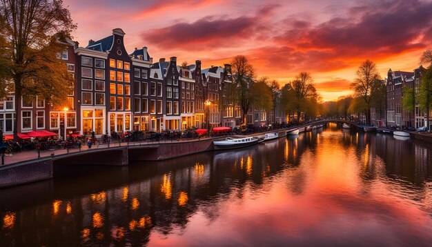 Photo a boat is docked next to a canal with a sunset in the background