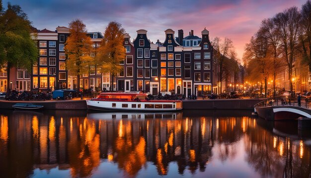 a boat is docked next to a canal with a sunset in the background