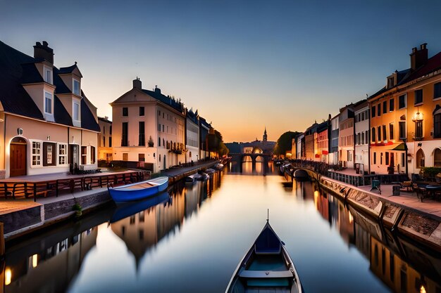 A boat is docked at a canal with a sunset in the background