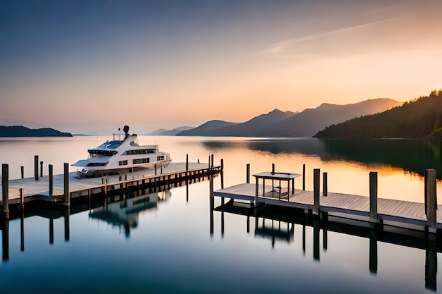 A boat is docked at a dock with a mountain in the background.