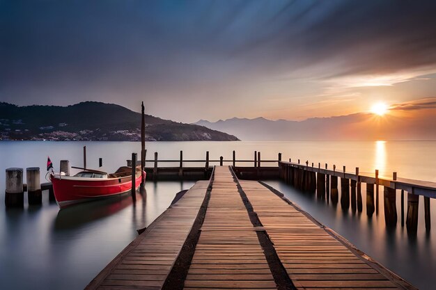 Photo a boat is docked at a dock with a mountain in the background.